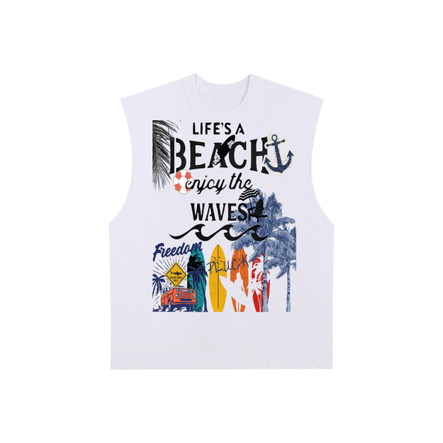 Raw Edge Cotton Tank Top - Beach Waves